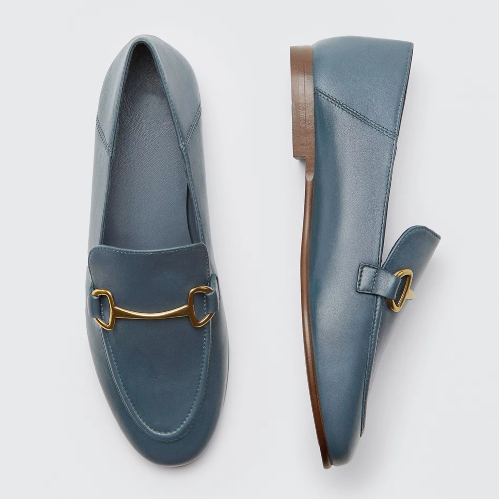 Massimo Dutti Blue Leather Loafers with Gold Accent